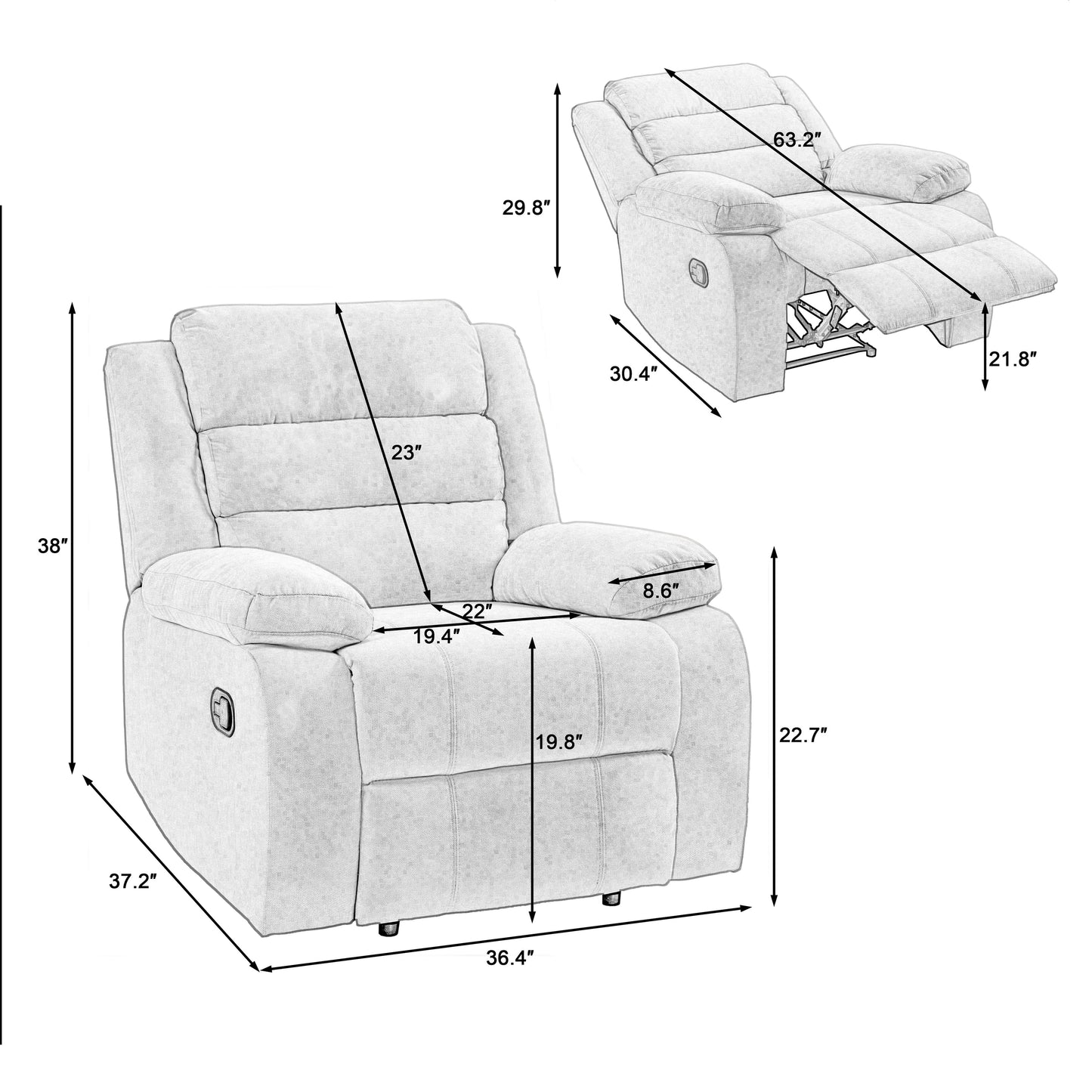 Fauteuil inclinable manuel rembourré en velours côtelé de coton avec accoudoirs larges