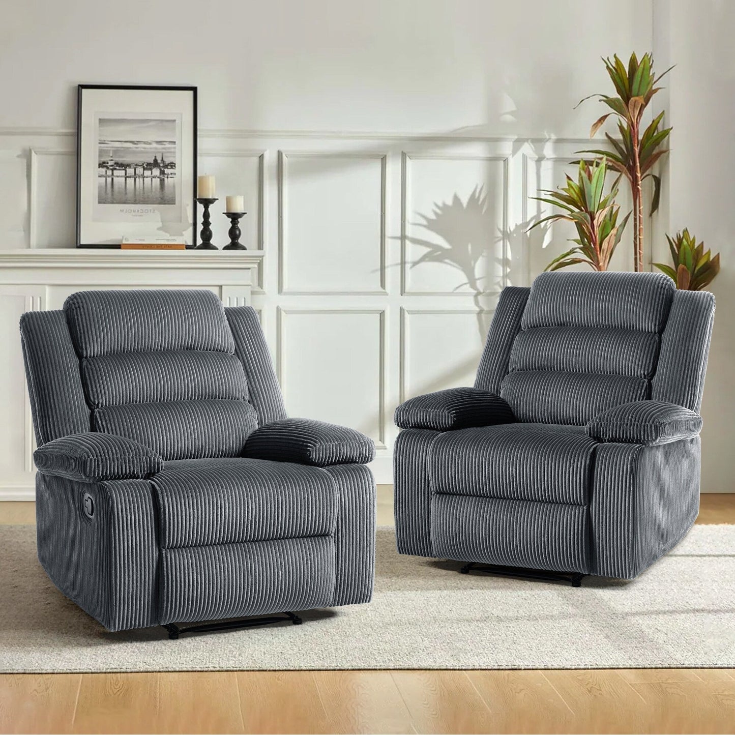 Fauteuil inclinable manuel rembourré en velours côtelé de coton avec accoudoirs larges