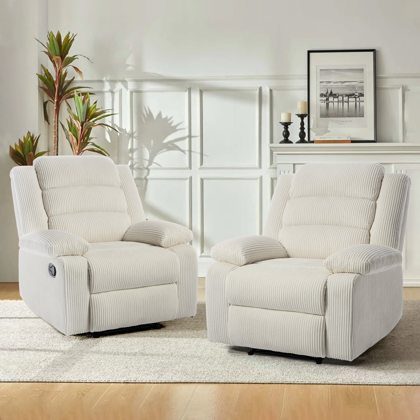 Fauteuil inclinable manuel rembourré en velours côtelé de coton avec accoudoirs larges