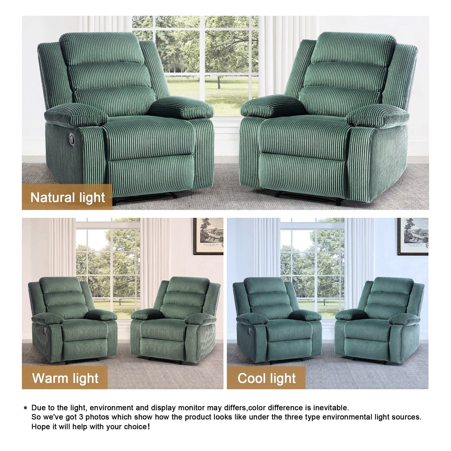 Fauteuil inclinable manuel rembourré en velours côtelé de coton avec accoudoirs larges