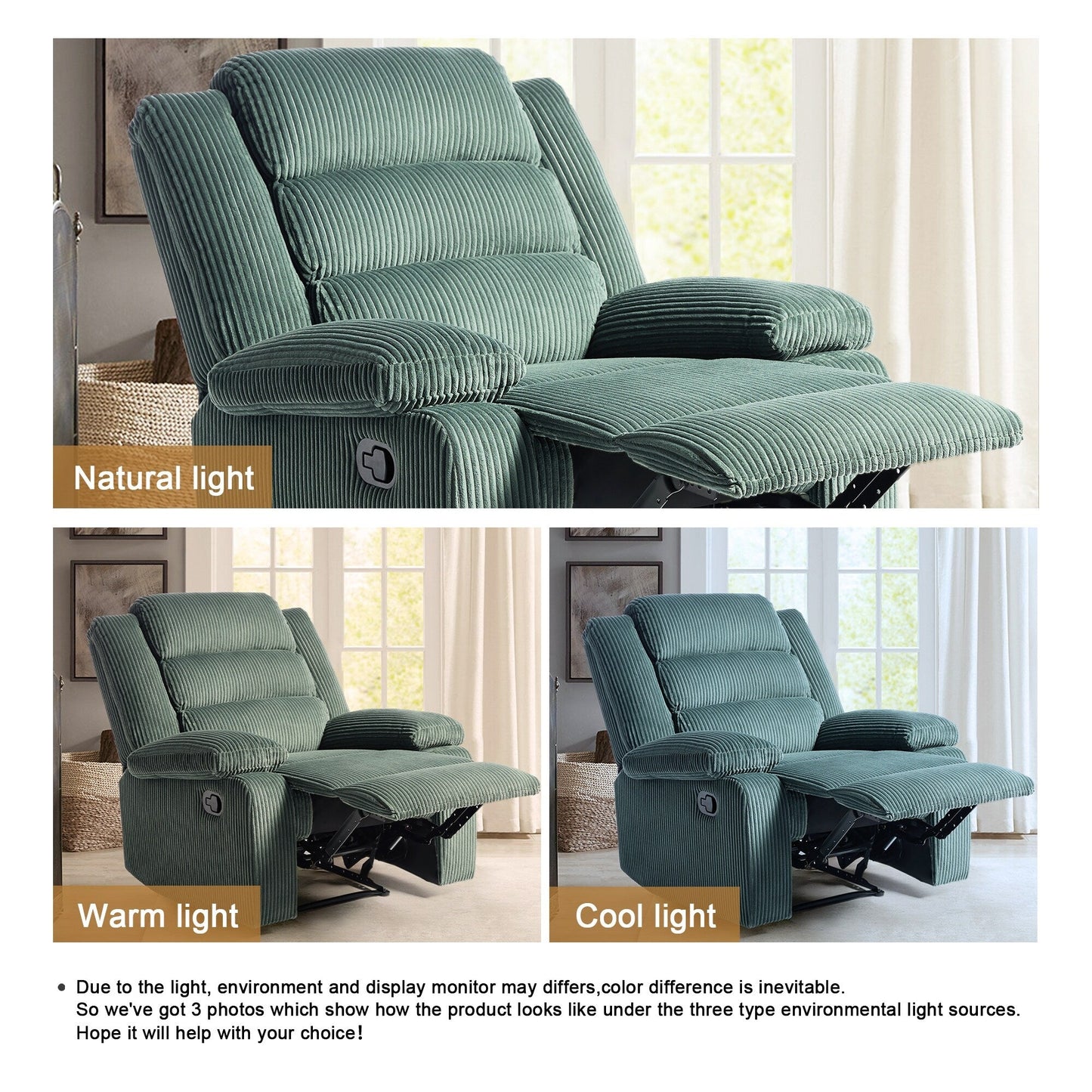 Fauteuil inclinable manuel rembourré en velours côtelé de coton avec accoudoirs larges