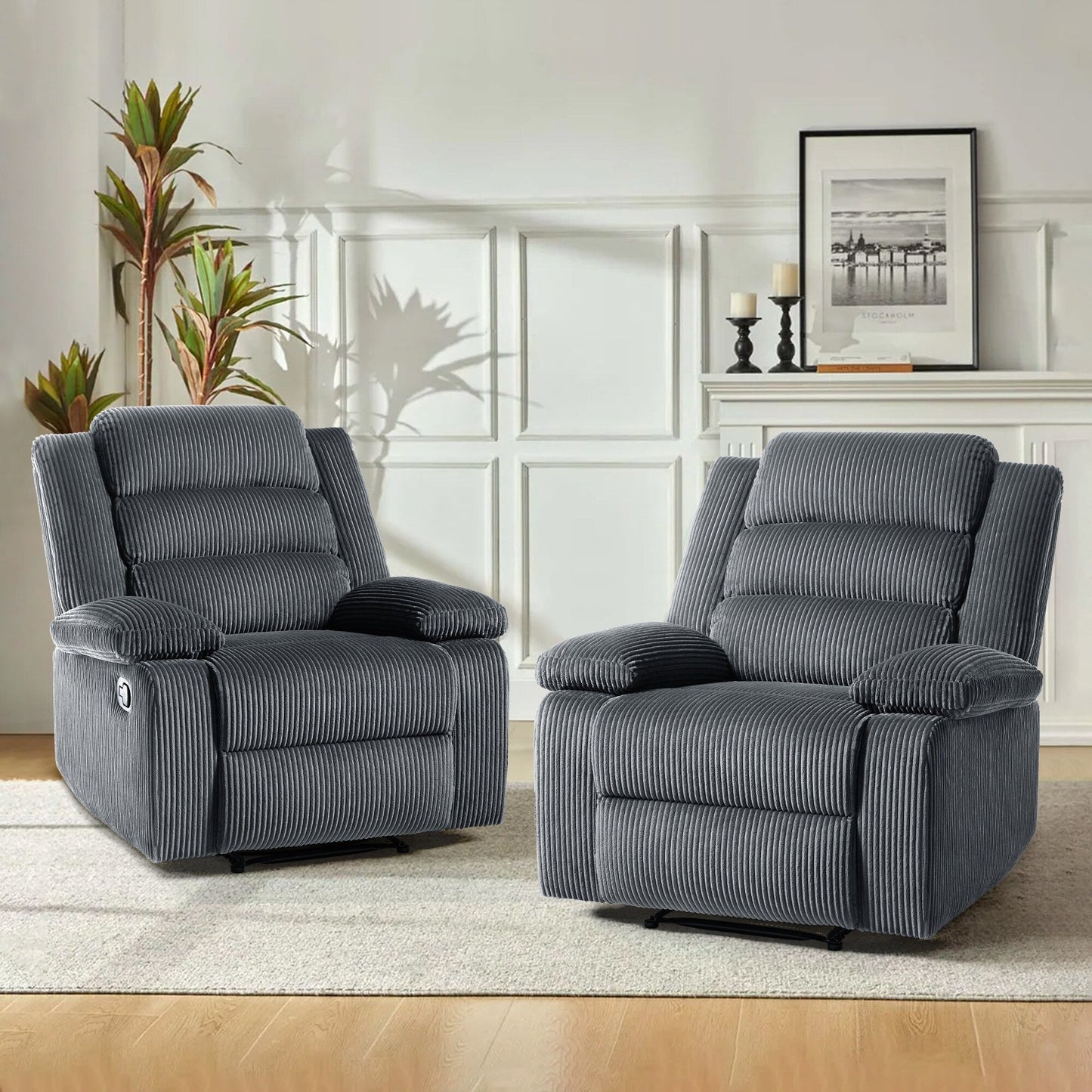 Fauteuil inclinable manuel rembourré en velours côtelé de coton avec accoudoirs larges