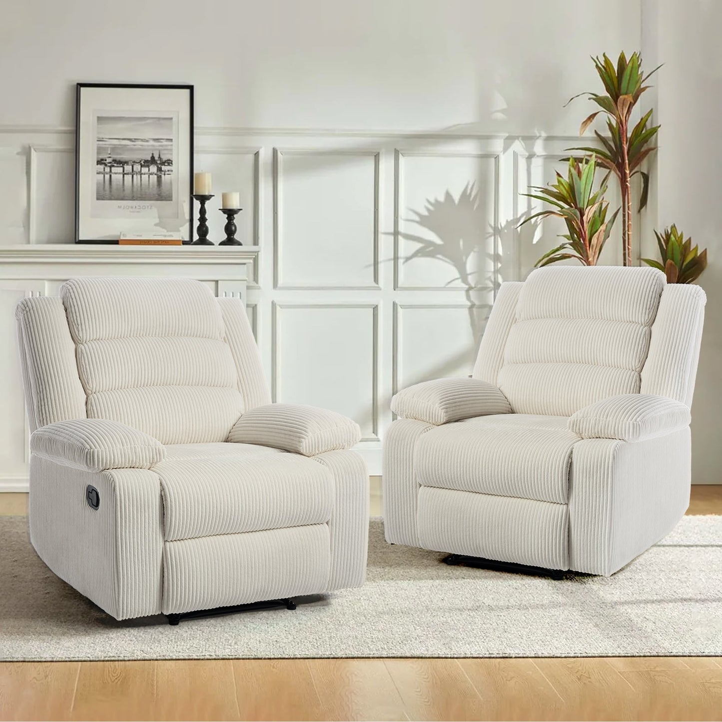 Fauteuil inclinable manuel rembourré en velours côtelé de coton avec accoudoirs larges