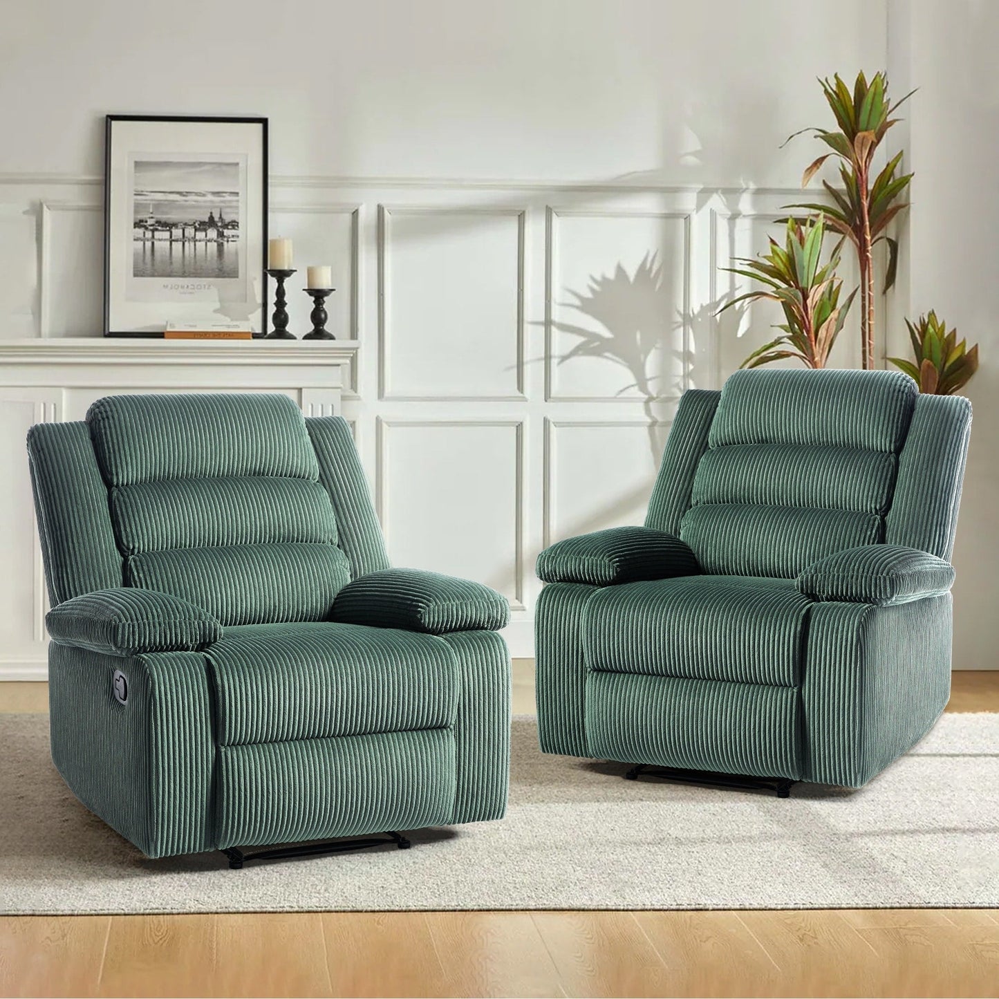 Fauteuil inclinable manuel rembourré en velours côtelé de coton avec accoudoirs larges