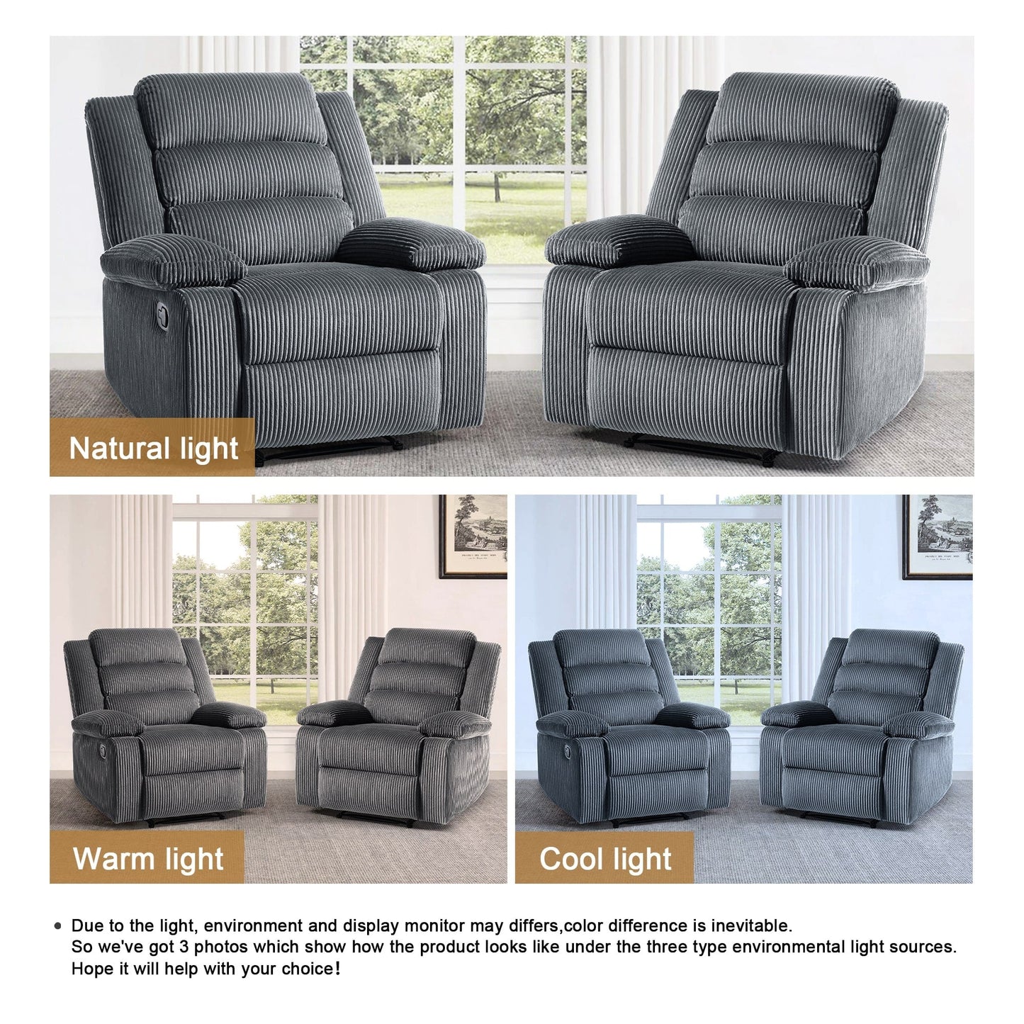 Fauteuil inclinable manuel rembourré en velours côtelé de coton avec accoudoirs larges