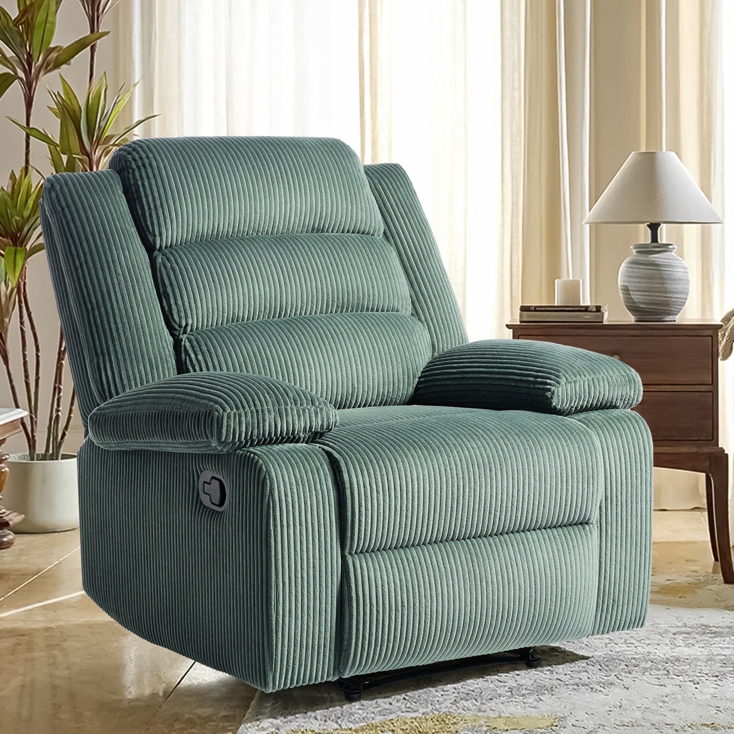 Fauteuil inclinable manuel rembourré en velours côtelé de coton avec accoudoirs larges