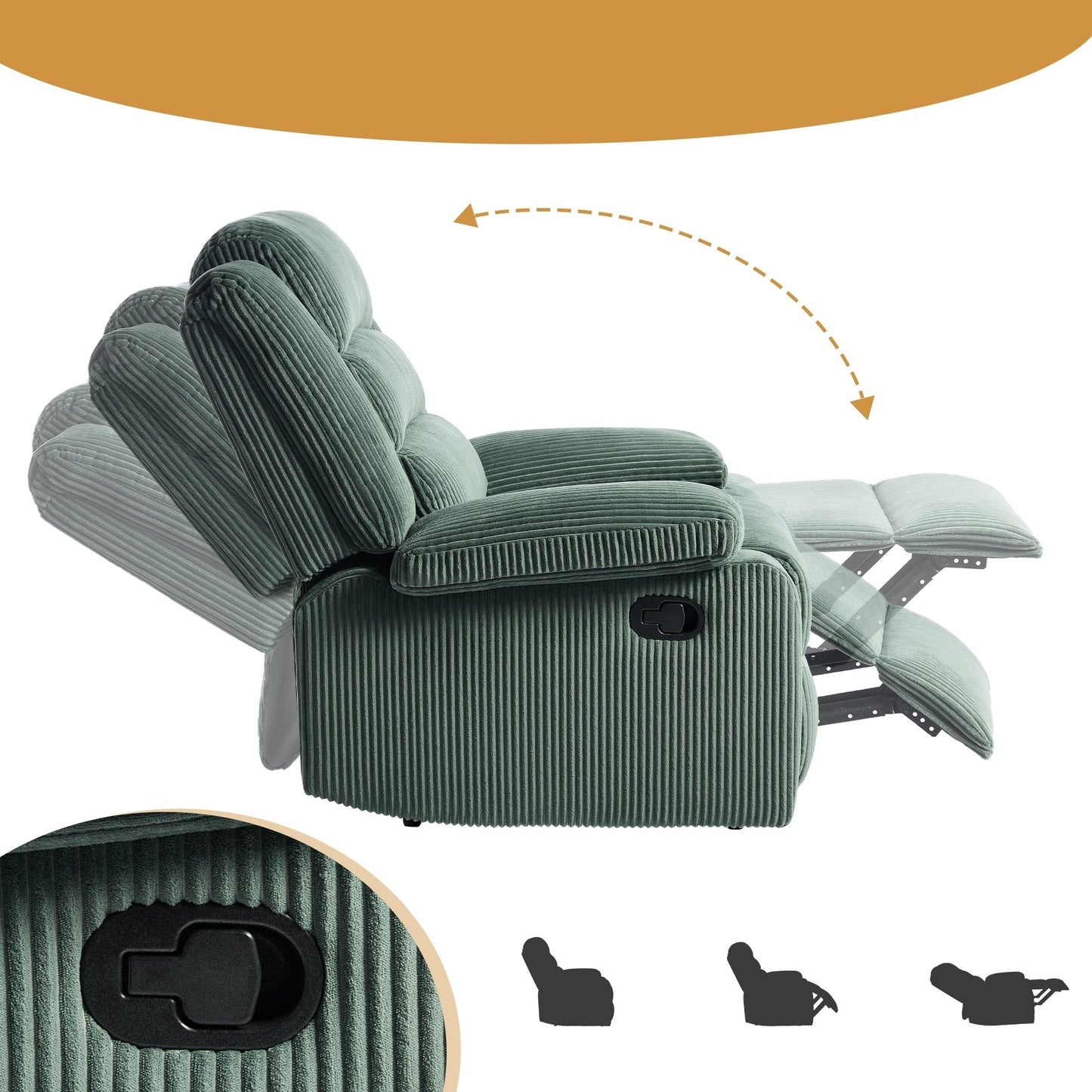 Fauteuil inclinable manuel rembourré en velours côtelé de coton avec accoudoirs larges