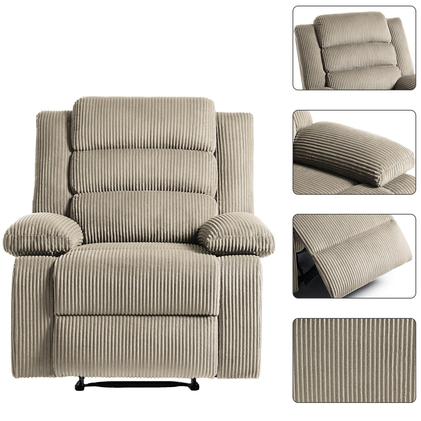 Fauteuil inclinable manuel rembourré en velours côtelé de coton avec accoudoirs larges