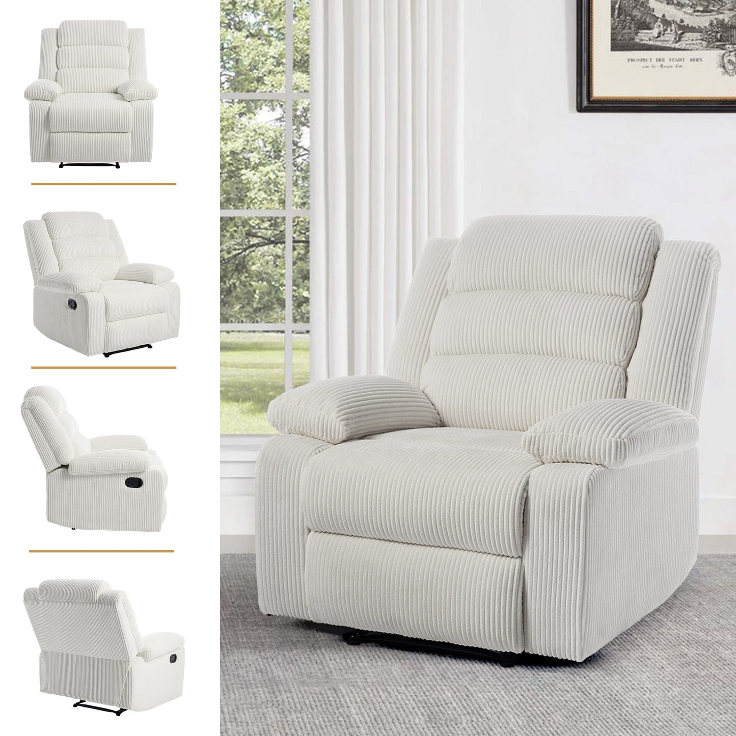 Fauteuil inclinable manuel rembourré en velours côtelé de coton avec accoudoirs larges