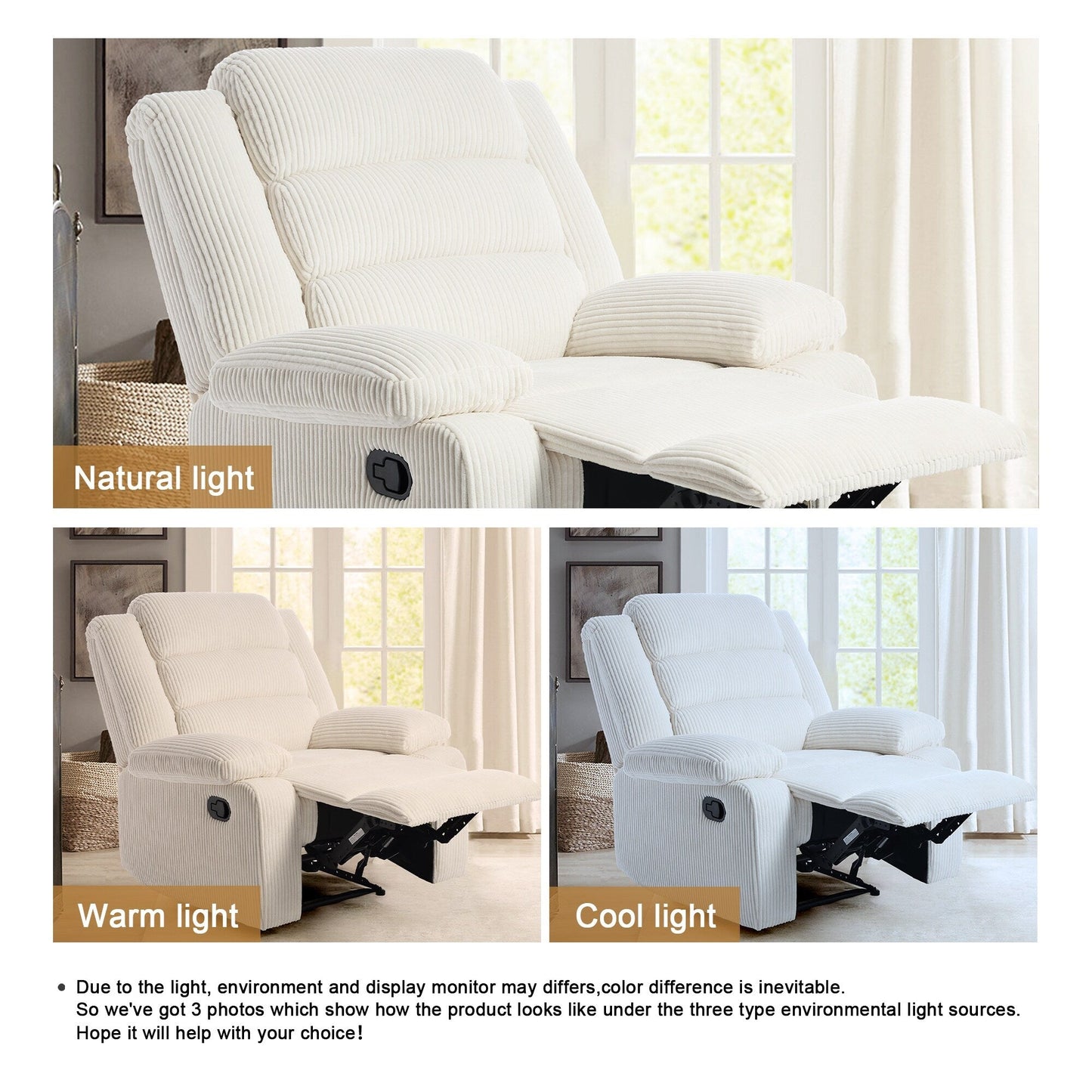 Fauteuil inclinable manuel rembourré en velours côtelé de coton avec accoudoirs larges