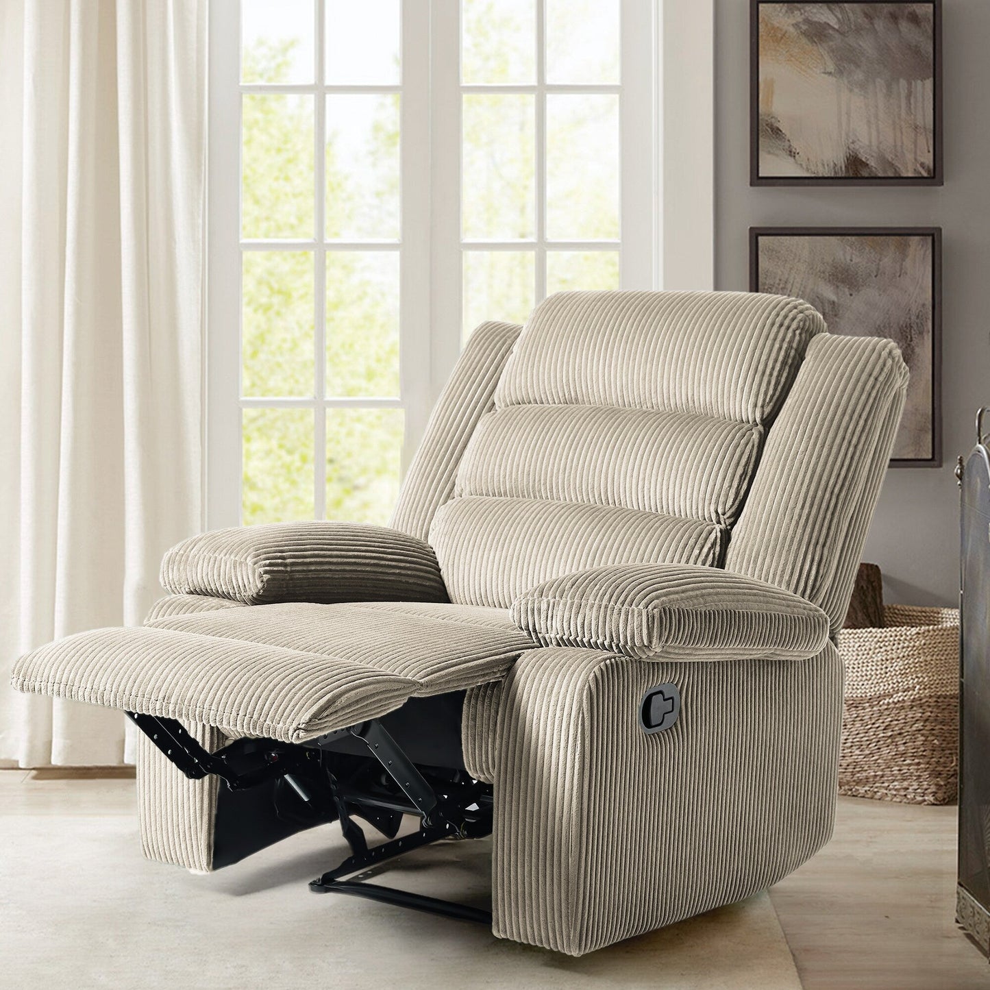 Fauteuil inclinable manuel rembourré en velours côtelé de coton avec accoudoirs larges