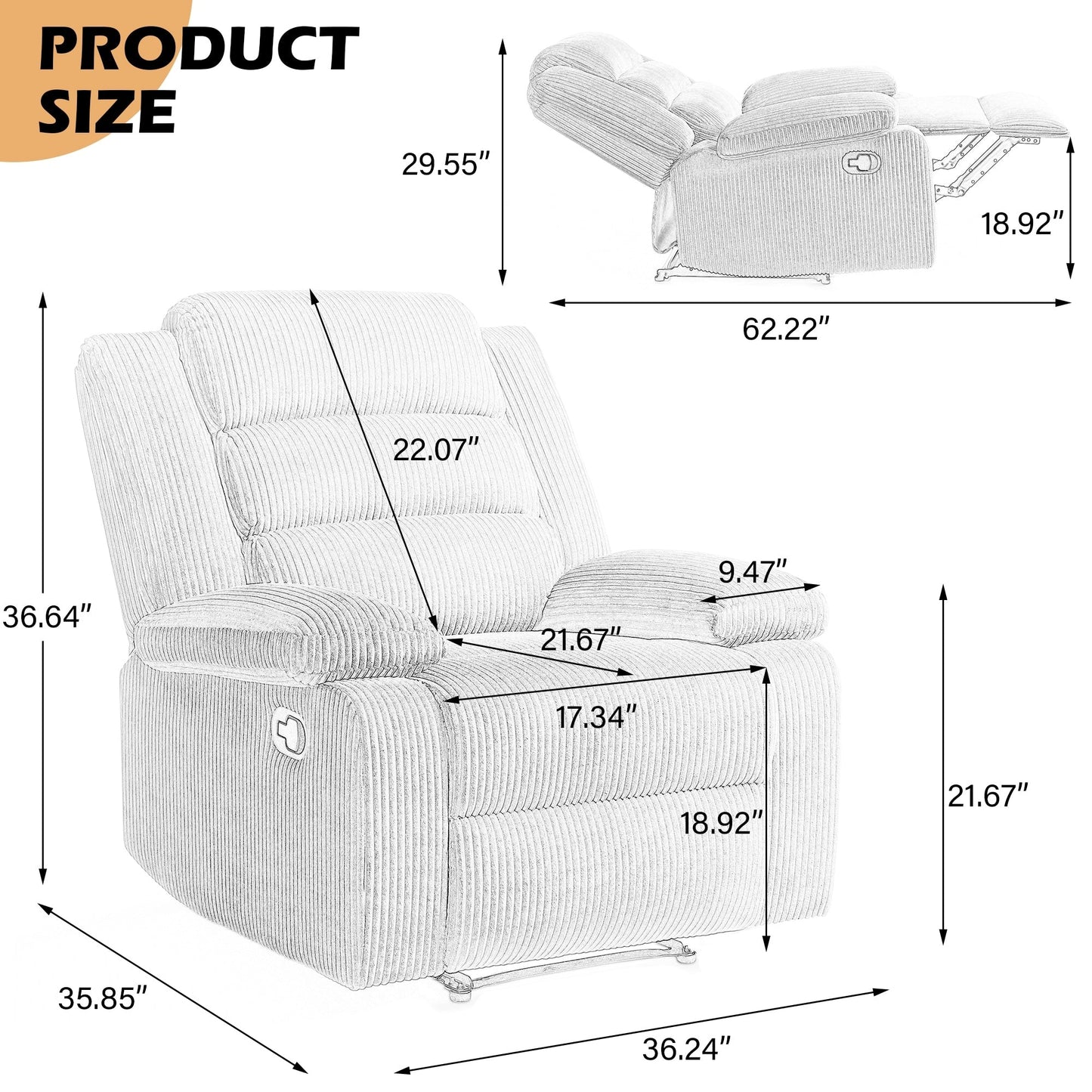 Fauteuil inclinable manuel rembourré en velours côtelé de coton avec accoudoirs larges