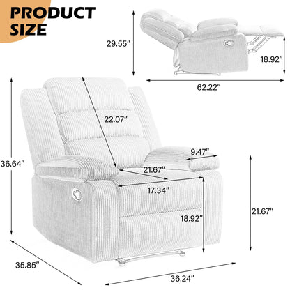 Fauteuil inclinable manuel rembourré en velours côtelé de coton avec accoudoirs larges