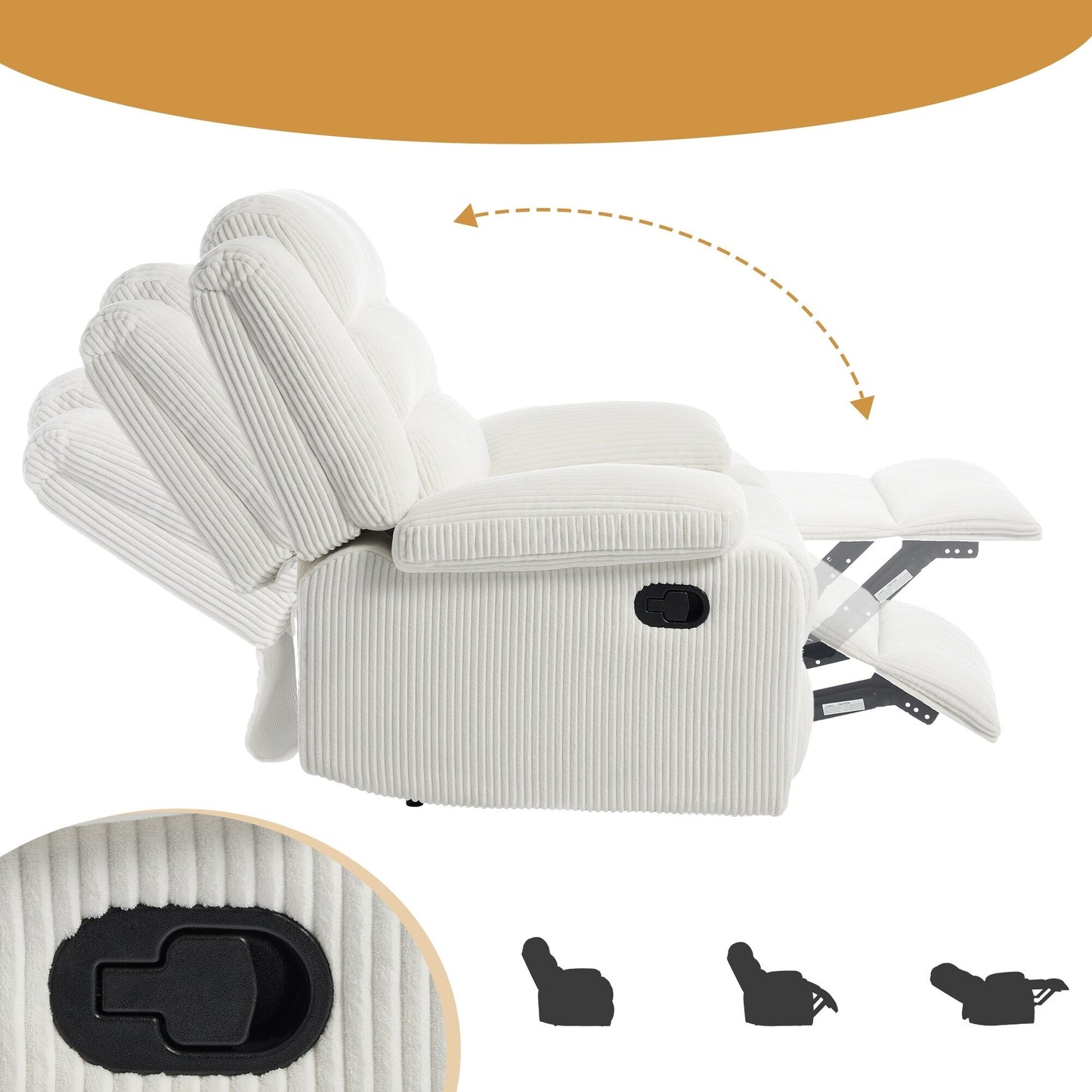 Fauteuil inclinable manuel rembourré en velours côtelé de coton avec accoudoirs larges