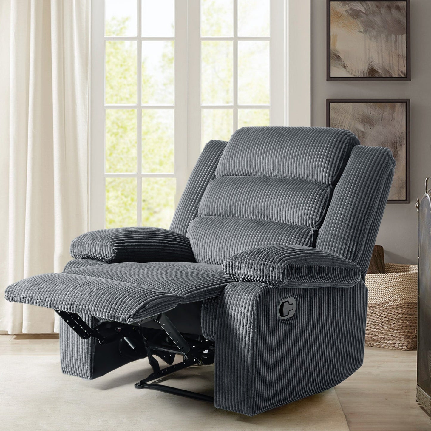 Fauteuil inclinable manuel rembourré en velours côtelé de coton avec accoudoirs larges