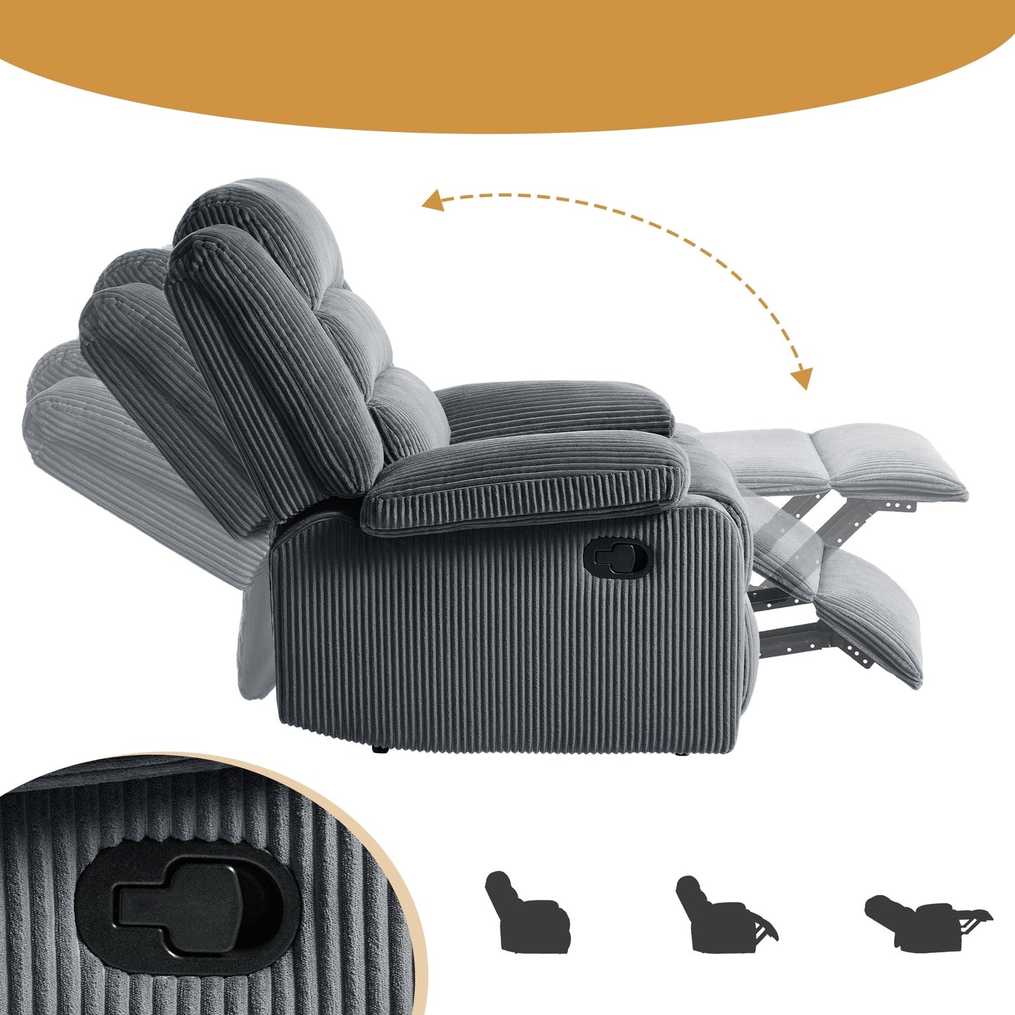 Fauteuil inclinable manuel rembourré en velours côtelé de coton avec accoudoirs larges