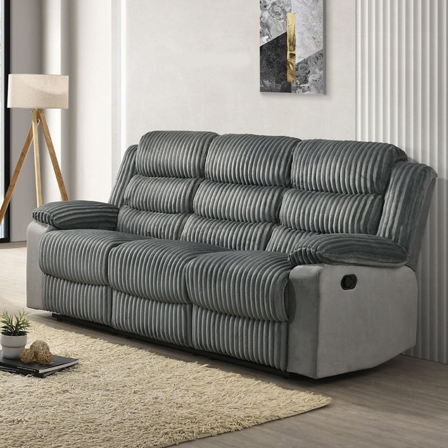 Canapé rembourré à commande manuelle avec accoudoirs coussinés, gris