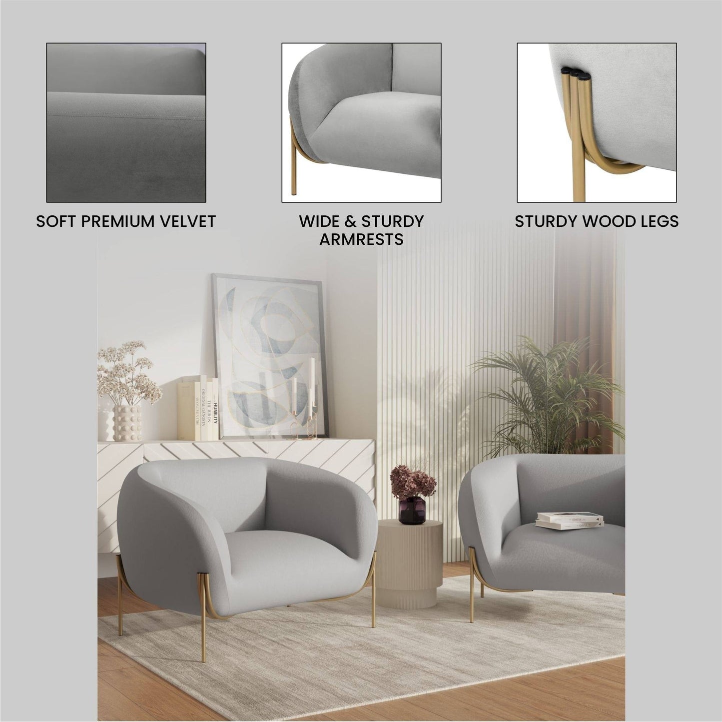 Canapé 1 place capitonné en velours LeisureMod Zuno - Fauteuil d'appoint confortable pour la maison, le bureau, le salon et la chambre