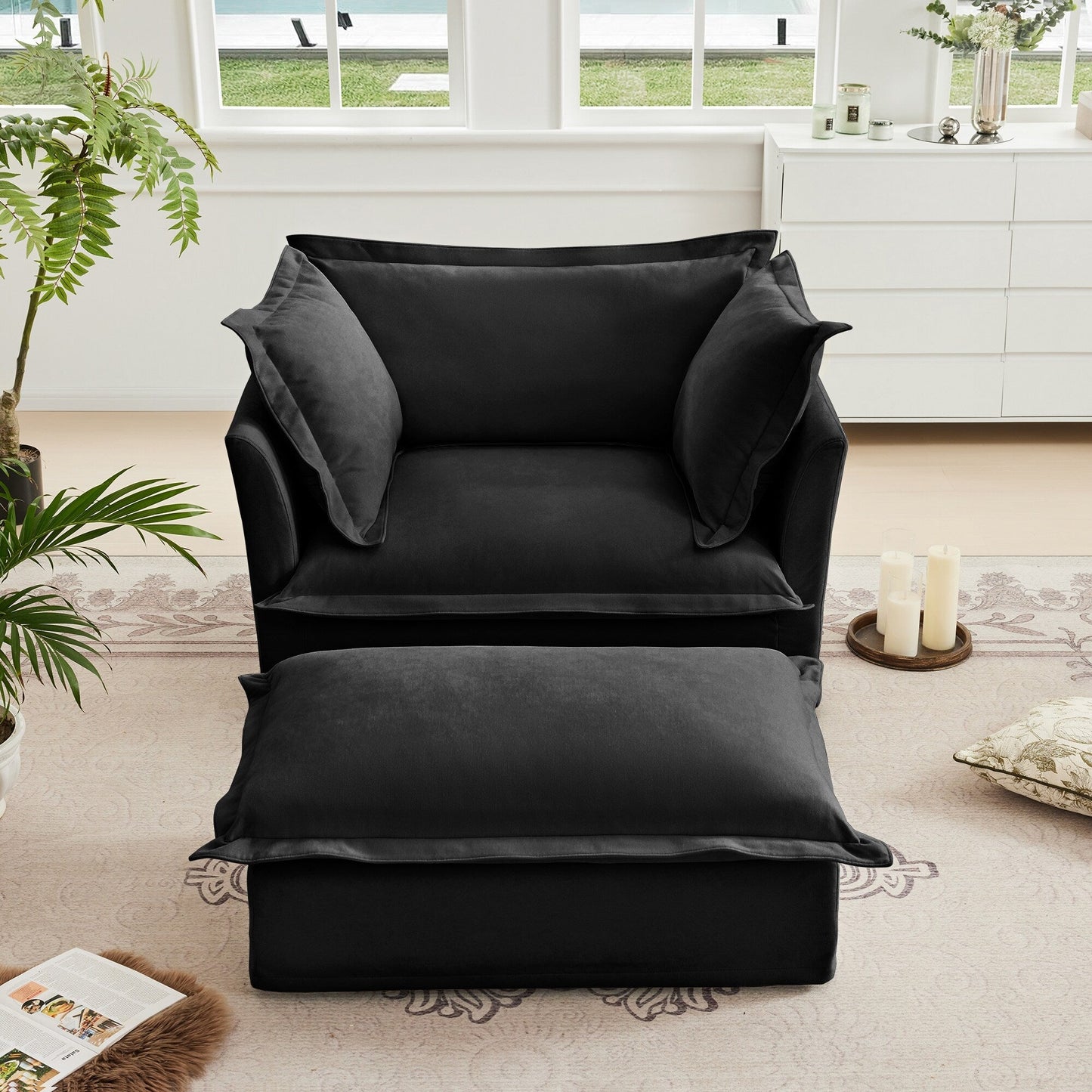 Fauteuil rembourré avec pouf, fauteuil à assise profonde et pouf large pour salon