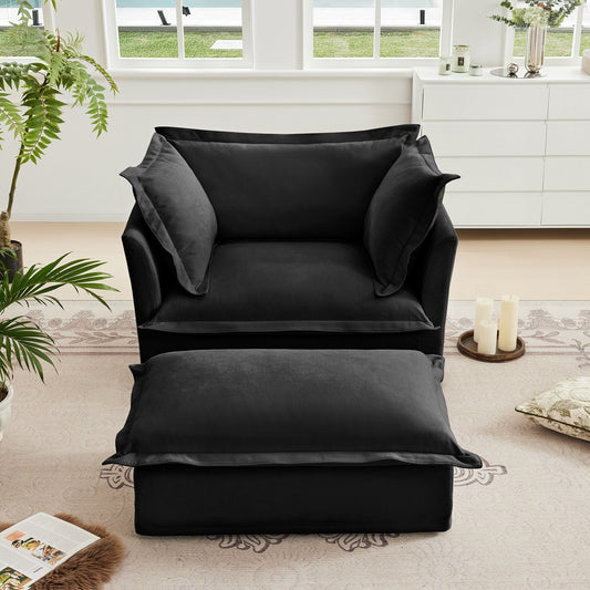 Fauteuil rembourré avec pouf, fauteuil à assise profonde et pouf large pour salon