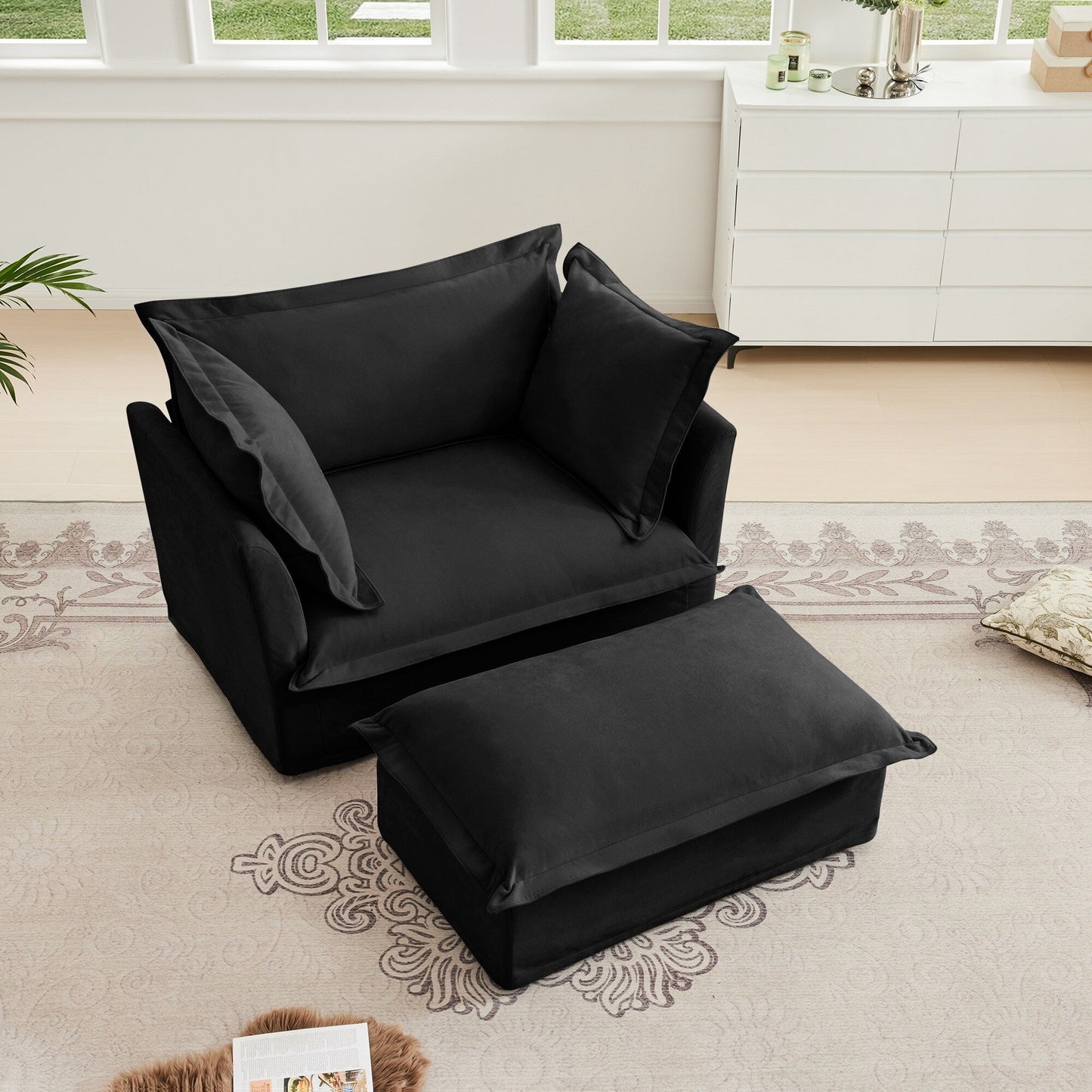 Fauteuil rembourré avec pouf, fauteuil à assise profonde et pouf large pour salon