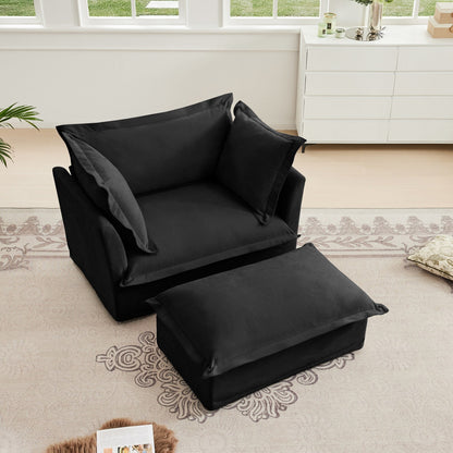 Fauteuil rembourré avec pouf, fauteuil à assise profonde et pouf large pour salon
