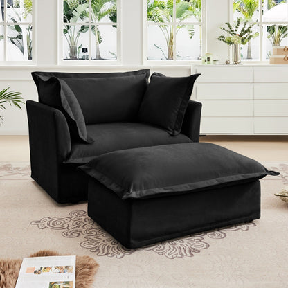Fauteuil rembourré avec pouf, fauteuil à assise profonde et pouf large pour salon
