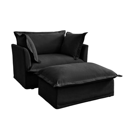 Fauteuil rembourré avec pouf, fauteuil à assise profonde et pouf large pour salon