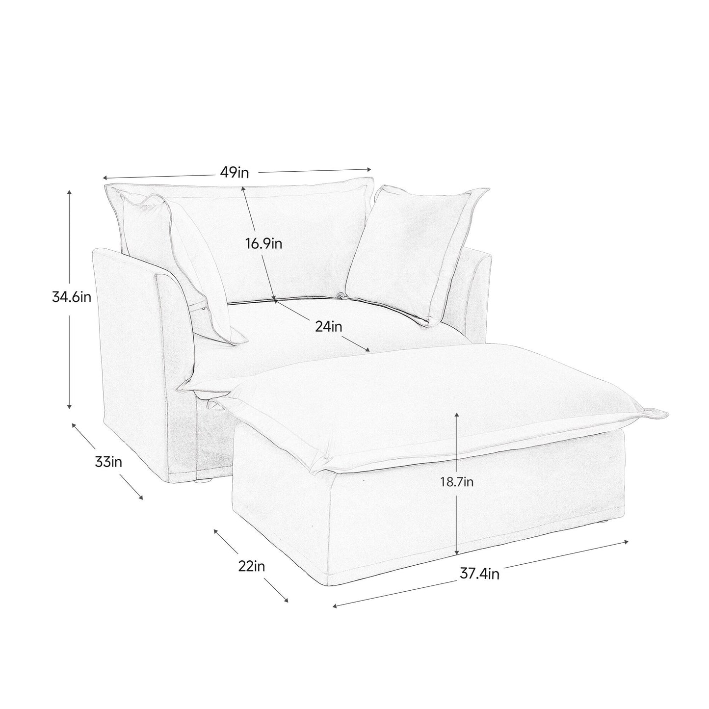 Fauteuil rembourré avec pouf, fauteuil à assise profonde et pouf large pour salon