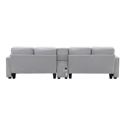 Canapé rembourré avec console, 2 porte-gobelets et 2 ports USB, chargement filaire ou sans fil, canapés en lin avec 4 coussins