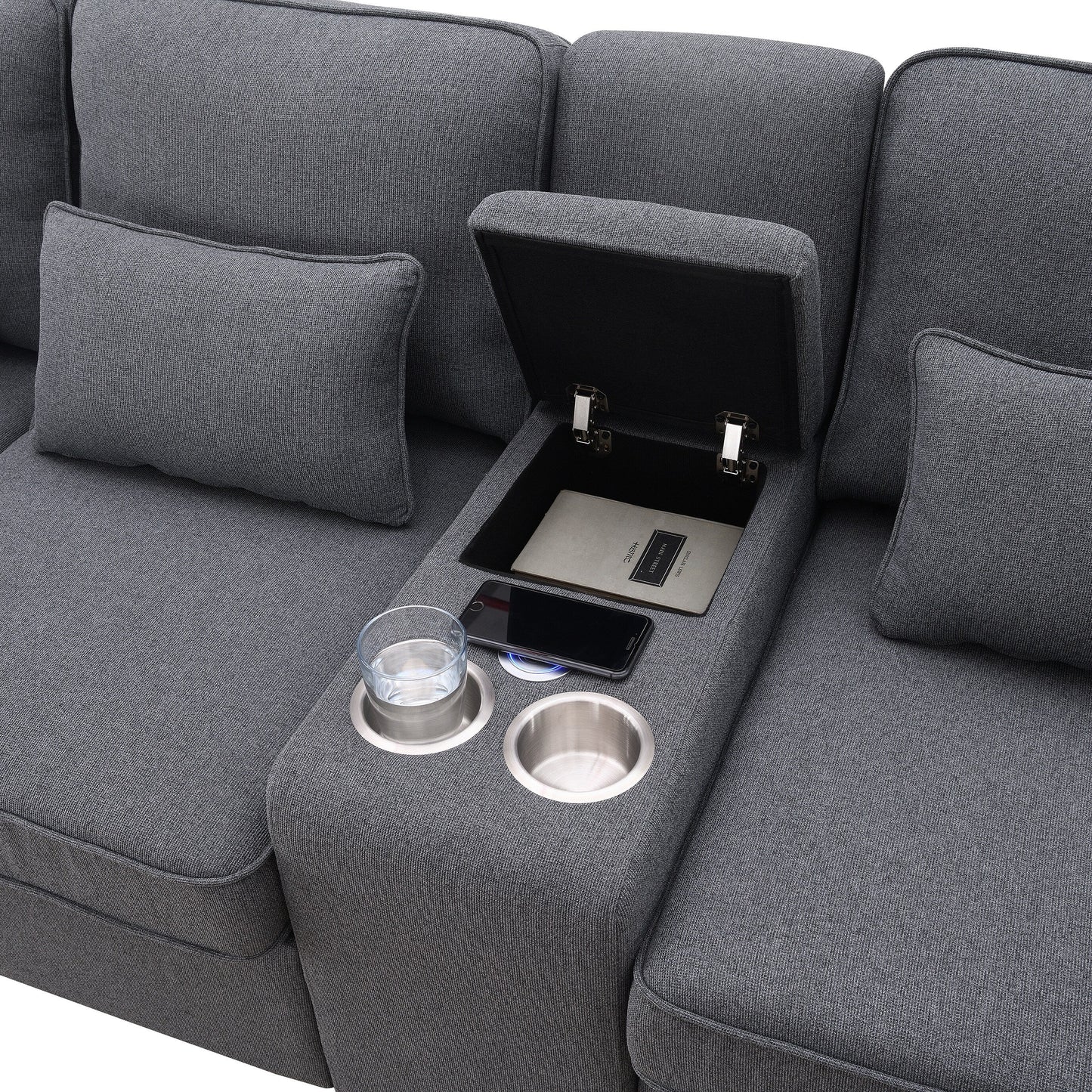 Canapé rembourré avec console, 2 porte-gobelets et 2 ports USB, chargement filaire ou sans fil, canapés en lin avec 4 coussins