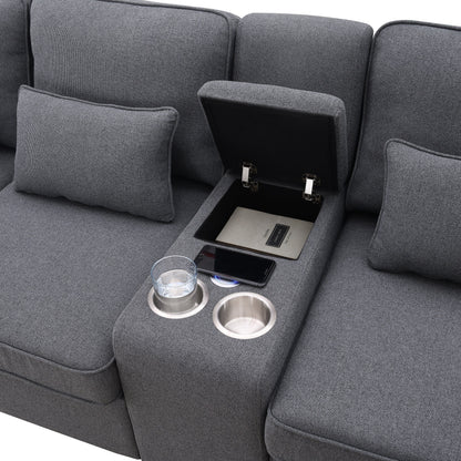 Canapé rembourré avec console, 2 porte-gobelets et 2 ports USB, chargement filaire ou sans fil, canapés en lin avec 4 coussins