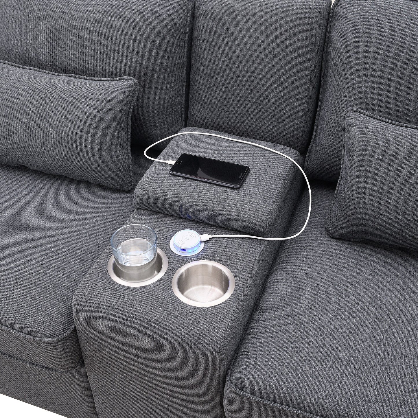 Canapé rembourré avec console, 2 porte-gobelets et 2 ports USB, chargement filaire ou sans fil, canapés en lin avec 4 coussins