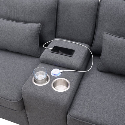 Canapé rembourré avec console, 2 porte-gobelets et 2 ports USB, chargement filaire ou sans fil, canapés en lin avec 4 coussins