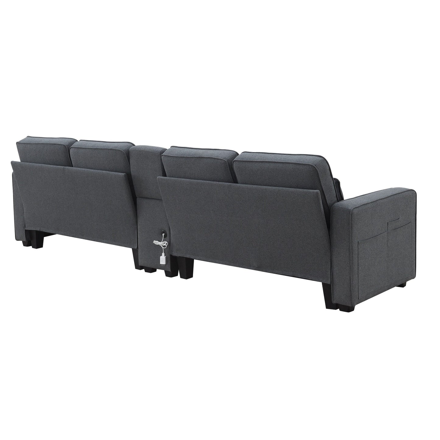 Canapé rembourré avec console, 2 porte-gobelets et 2 ports USB, chargement filaire ou sans fil, canapés en lin avec 4 coussins