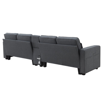 Canapé rembourré avec console, 2 porte-gobelets et 2 ports USB, chargement filaire ou sans fil, canapés en lin avec 4 coussins