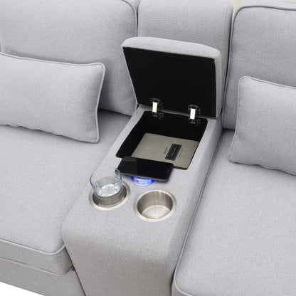 Canapé rembourré avec console, 2 porte-gobelets et 2 ports USB, chargement filaire ou sans fil, canapés en lin avec 4 coussins
