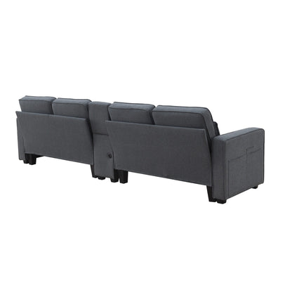 Canapé rembourré avec console, 2 porte-gobelets et 2 ports USB, chargement filaire ou sans fil, canapés en lin avec 4 coussins