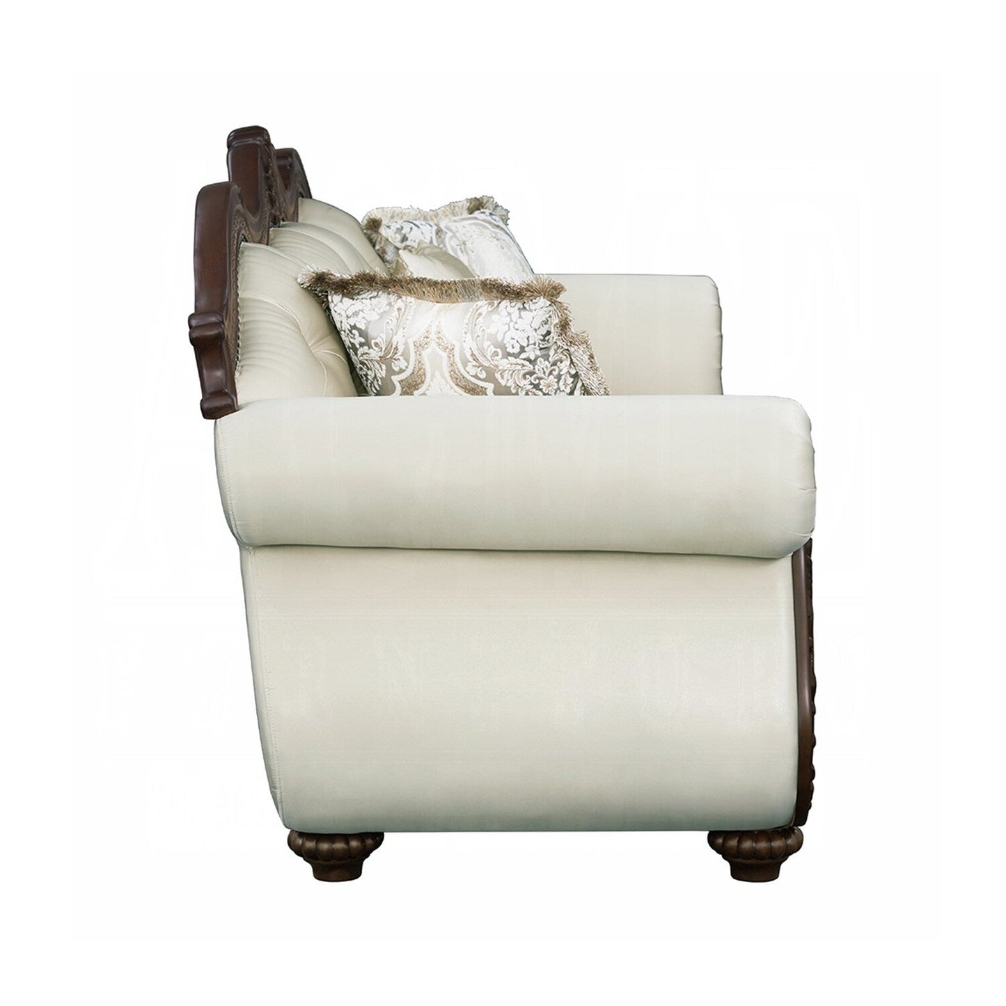 Canapé rembourré avec dossier capitonné en beige et cerisier