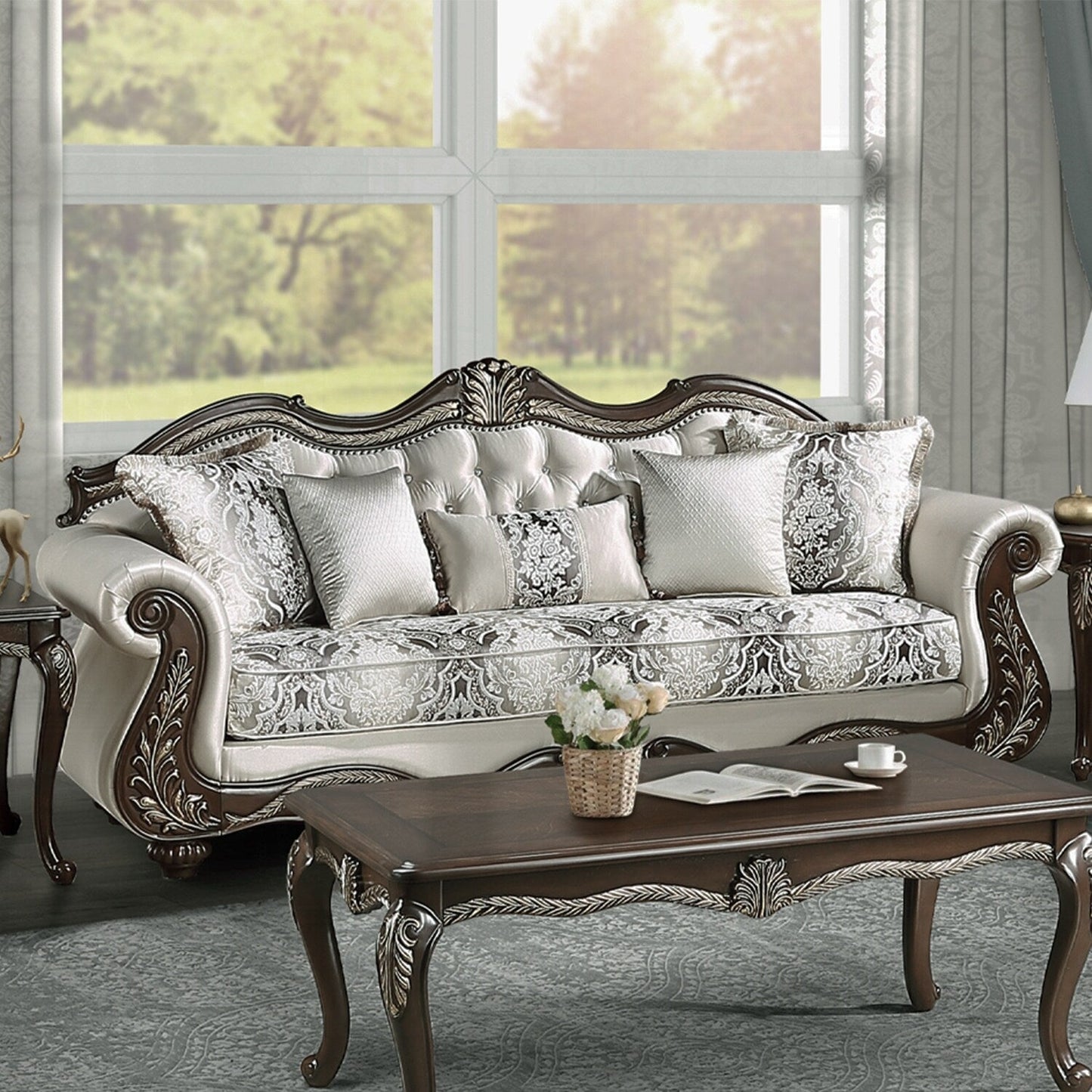 Canapé rembourré avec dossier capitonné en beige et cerisier