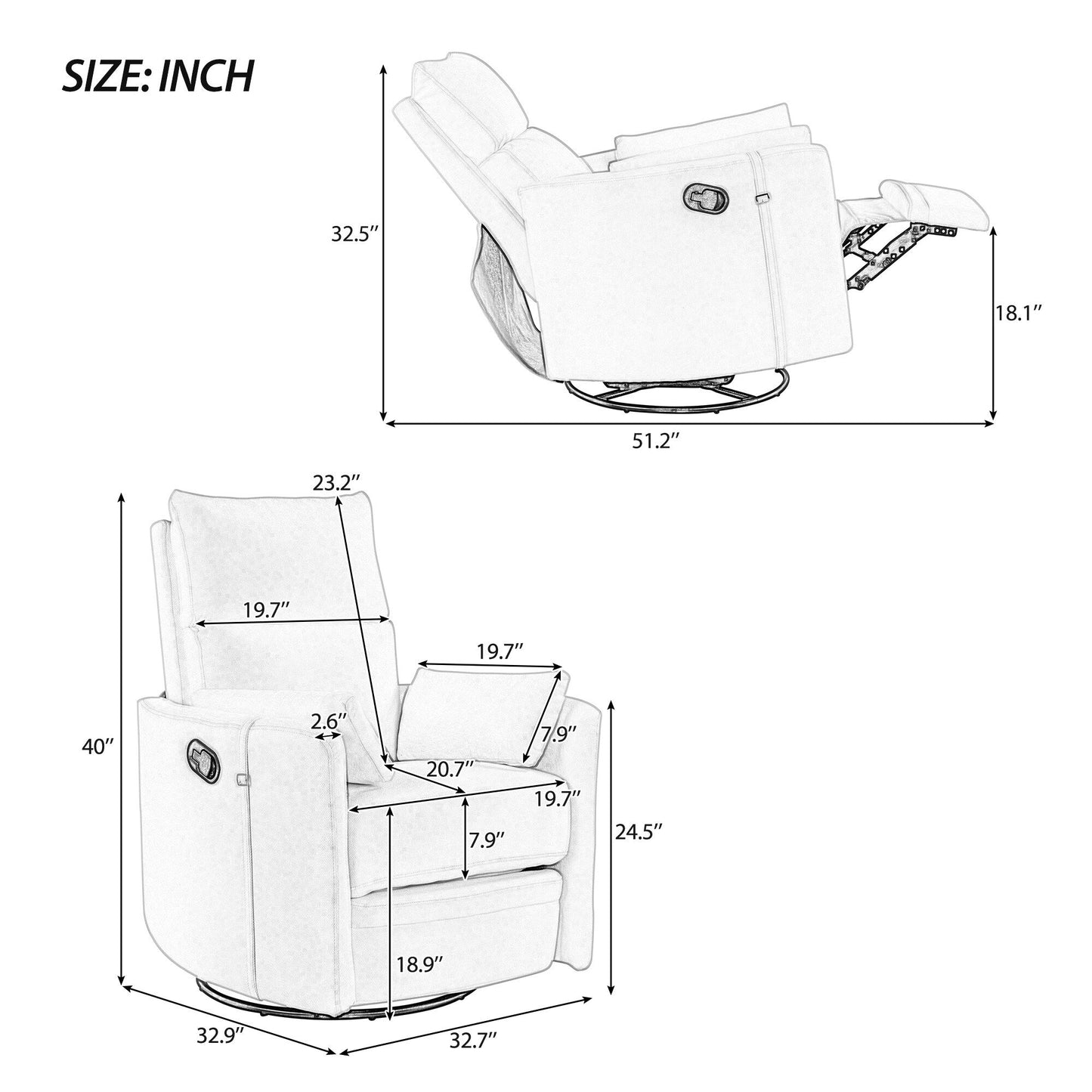 Fauteuil inclinable pivotant rembourré à bascule manuelle