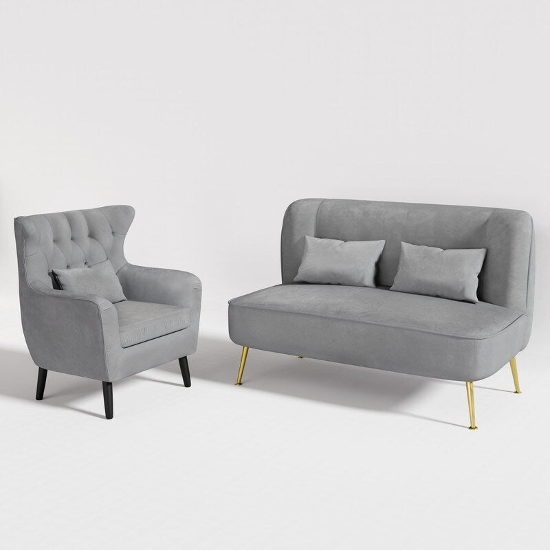 Fauteuil d'appoint rembourré en velours touffeté et métal avec coussin épais, deux fauteuils causeuse