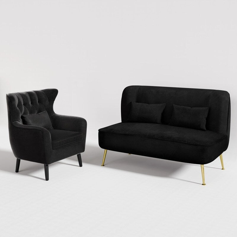 Fauteuil d'appoint rembourré en velours touffeté et métal avec coussin épais, deux fauteuils causeuse