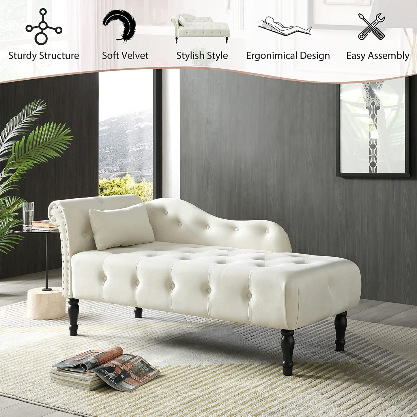 Chaise longue en velours 61 avec 1 oreiller et garniture cloutée