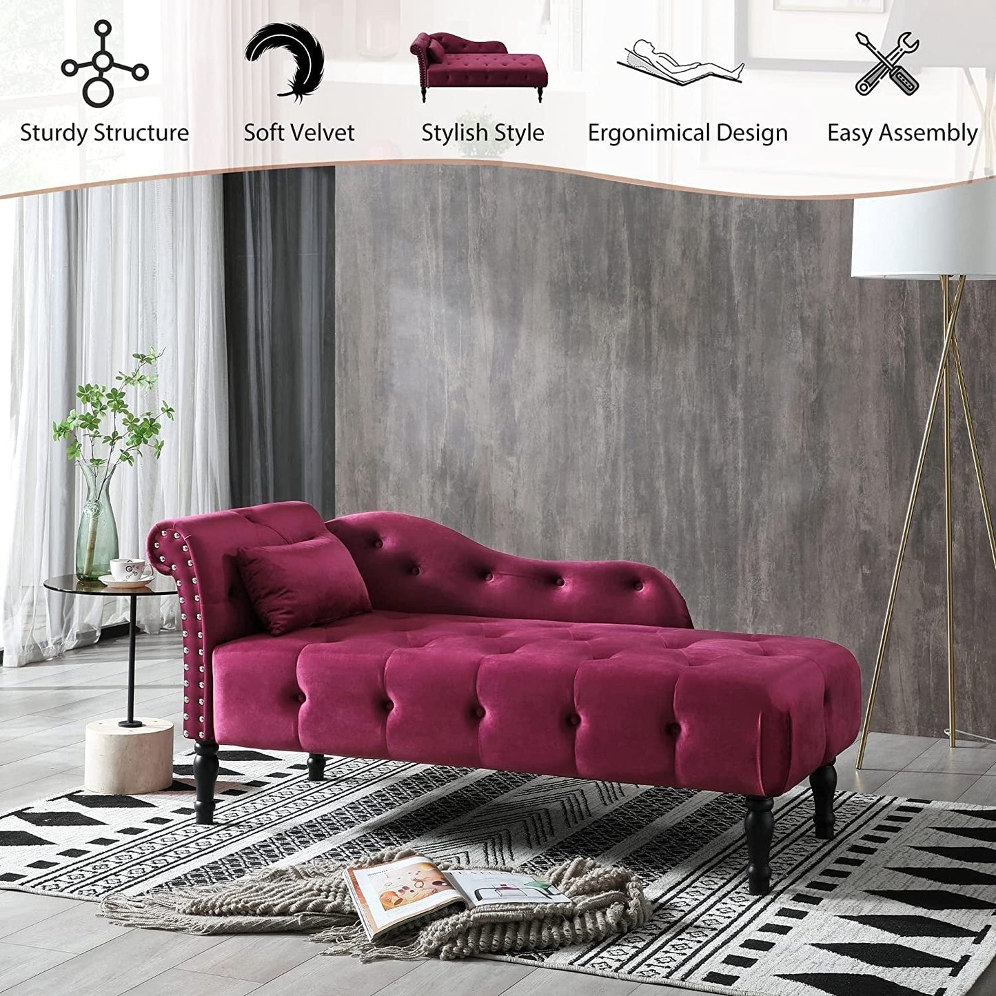 Chaise longue en velours 61 avec 1 oreiller et garniture cloutée