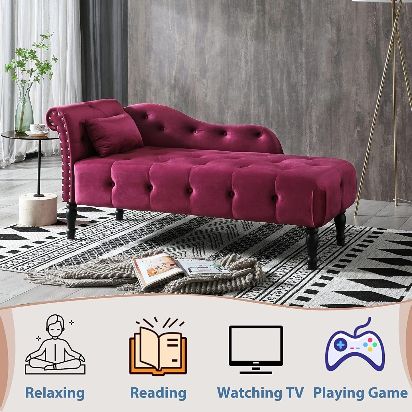 Chaise longue en velours 61 avec 1 oreiller et garniture cloutée