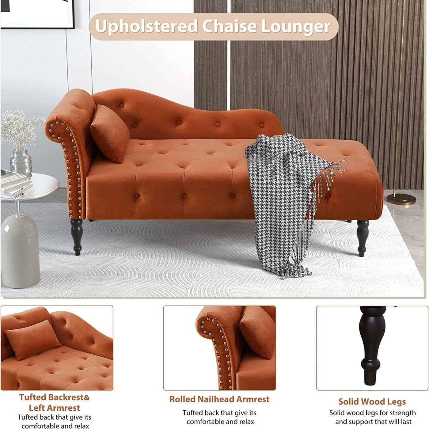 Chaise longue en velours 61 avec 1 oreiller et garniture cloutée