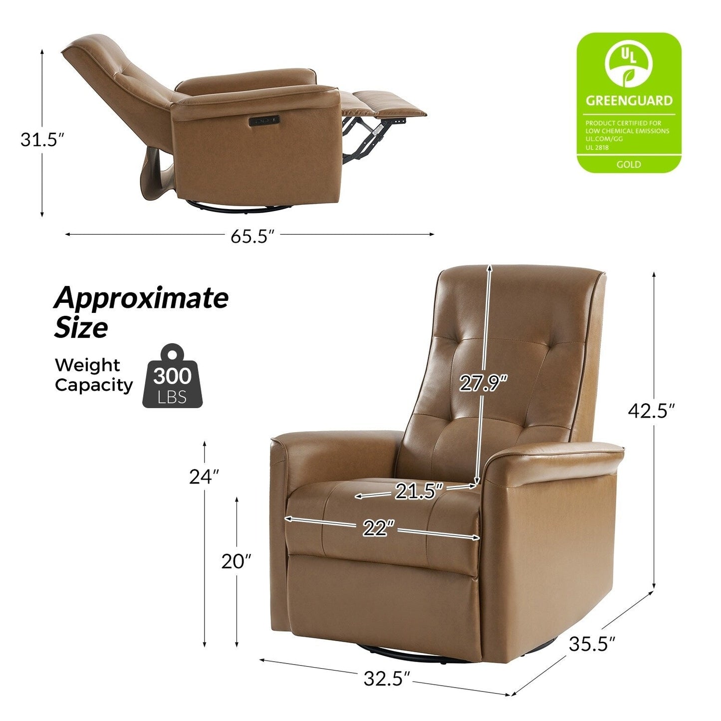Fauteuil inclinable pivotant électrique moderne en similicuir Valentin avec ports USB, lot de 2 par HULALA HOME