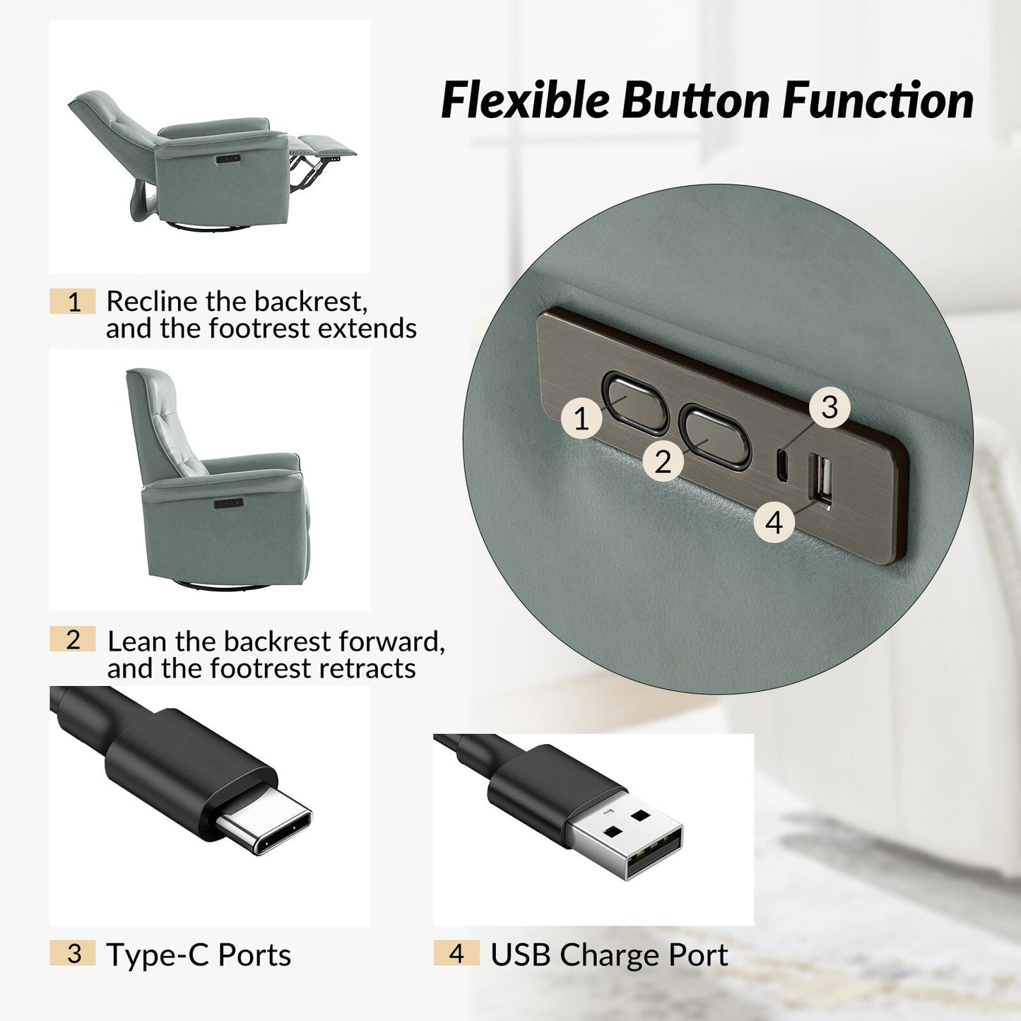 Fauteuil inclinable pivotant électrique moderne en similicuir Valentin avec ports USB, lot de 2 par HULALA HOME