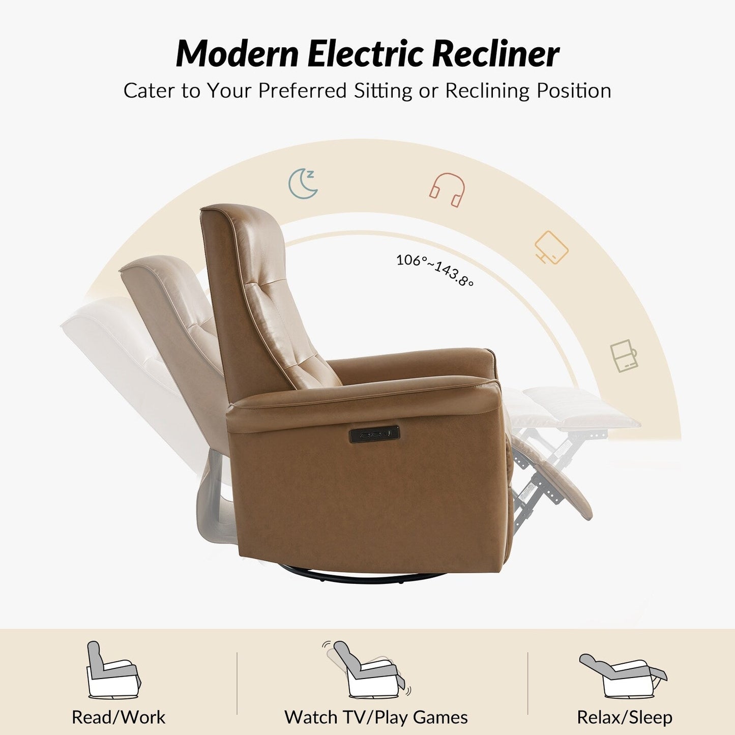 Fauteuil inclinable pivotant électrique moderne en similicuir Valentin avec ports USB, lot de 2 par HULALA HOME